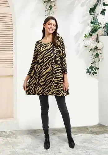 ENMAIN Ayollar uchun tunika toplari 3/4 yengli katta o'lchamli ayollar tunikalari Keng bichimli gulli kengaytmali ayollar bluzasi Leggings uchun - 6