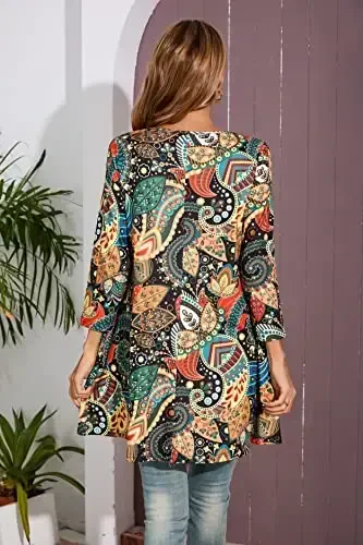 ENMAIN Ayollar uchun tunika toplari 3/4 yengli katta o'lchamli keng bichimli tunikalar Leggings uchun nafis kundalik Paisley gul naqshli keng etakli top - ENMAIN (1)