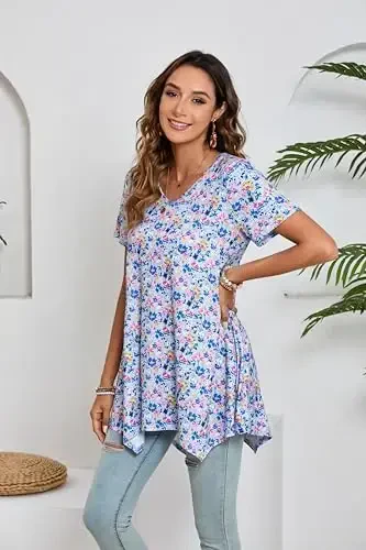 ENMAIN Ayollar uchun tunika toplari, katta o'lchamdagi qisqa yengli top, keng bichimli, chiroyli kundalik yozgi tunikalar legginglar bilan kiyish uchun - 2