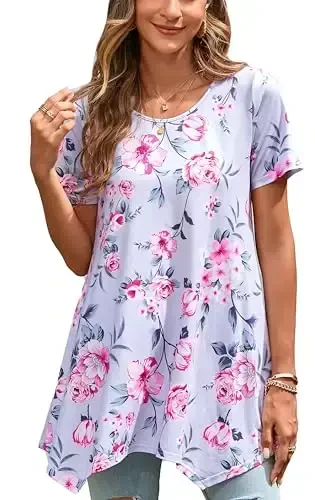 ENMAIN Ayollar uchun tunika toplari katta o'lchamli qisqa yengli top bo'sh bichimli nafis kundalik yozgi tunikalar Leggings bilan kiyish uchun toplar 