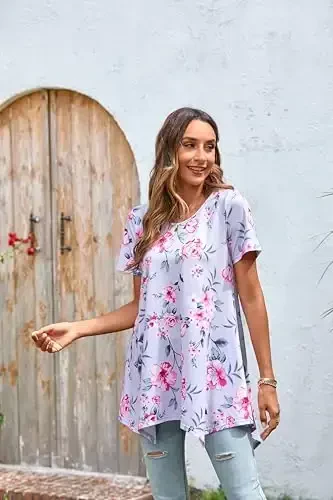 ENMAIN Ayollar uchun tunika toplari katta o'lchamli qisqa yengli top bo'sh bichimli nafis kundalik yozgi tunikalar Leggings bilan kiyish uchun toplar - 5