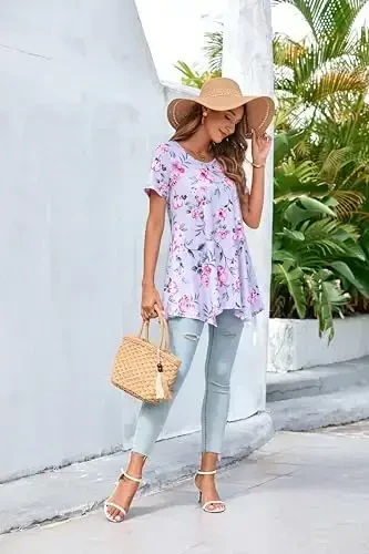 ENMAIN Ayollar uchun tunika toplari katta o'lchamli qisqa yengli top bo'sh bichimli nafis kundalik yozgi tunikalar Leggings bilan kiyish uchun toplar - 7