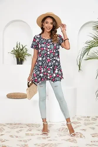 ENMAIN Tunic Tops for Women Plus Size Short Sleeve Top Loose Fit Dressy Casual Swing Summer Tunics Tops to Wear with Leggings - 7