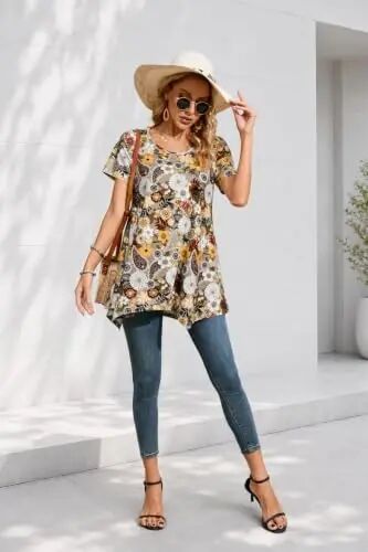 ENMAIN Ayollar uchun tunika toplari katta oʻlchamli qisqa yengli top keng bichimli zamonaviy kundalik yozgi tunikalar Leggings bilan kiyish uchun toplar - 4