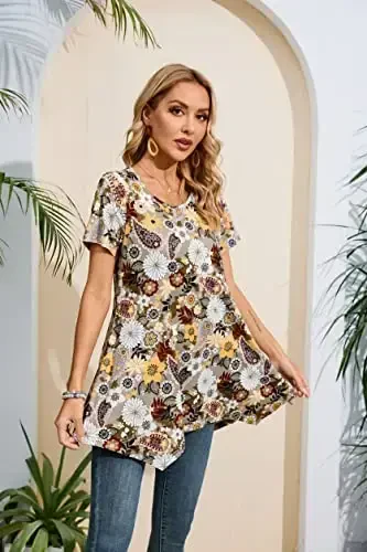 ENMAIN Ayollar uchun tunika toplari katta oʻlchamli qisqa yengli top keng bichimli zamonaviy kundalik yozgi tunikalar Leggings bilan kiyish uchun toplar - 1