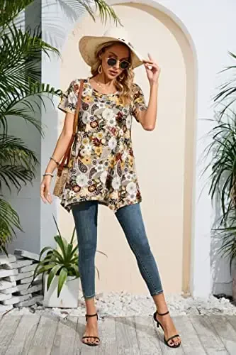 ENMAIN Ayollar uchun tunika toplari katta oʻlchamli qisqa yengli top keng bichimli zamonaviy kundalik yozgi tunikalar Leggings bilan kiyish uchun toplar - 9