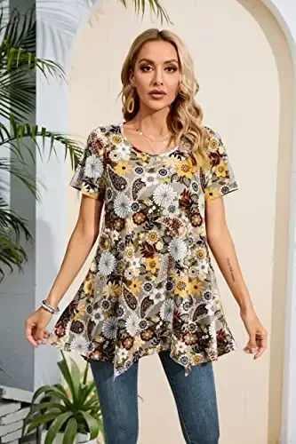 ENMAIN Ayollar uchun tunika toplari katta oʻlchamli qisqa yengli top keng bichimli zamonaviy kundalik yozgi tunikalar Leggings bilan kiyish uchun toplar - 3