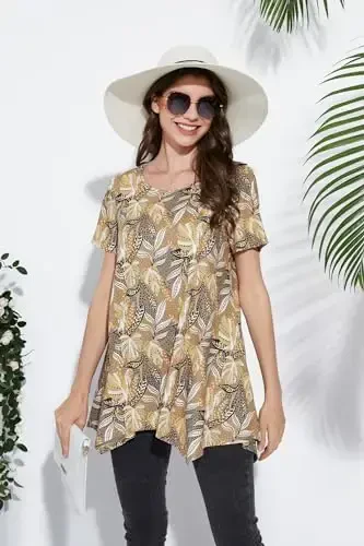 ENMAIN Ayollar uchun tunika toplari Plus Size Qisqa yengli top bo‘sh bichimli zamonaviy kundalik yozgi tunikalar Leggings bilan kiyish uchun toplar - 3