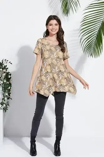 ENMAIN Ayollar uchun tunika toplari Plus Size Qisqa yengli top bo‘sh bichimli zamonaviy kundalik yozgi tunikalar Leggings bilan kiyish uchun toplar - 4