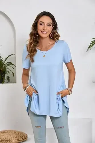 ENMAIN Ayollar uchun tunika toplari Plus Size Qisqa yengli top Bo'sh Fit Elegant Kundalik Swing Yozgi Tunika Leggings bilan kiyish uchun toplar - 7