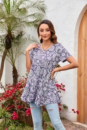 ENMAIN Ayollar uchun tunika toplari Plus Size qisqa yengli top keng bichimli nafis kundalik yozgi tunikalar legginglar bilan kiyish uchun - 3