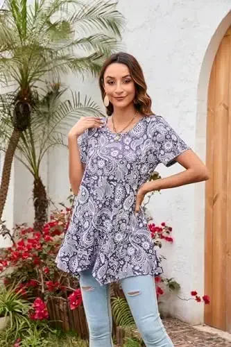 ENMAIN Ayollar uchun tunika toplari Plus Size qisqa yengli top keng bichimli nafis kundalik yozgi tunikalar legginglar bilan kiyish uchun - 3