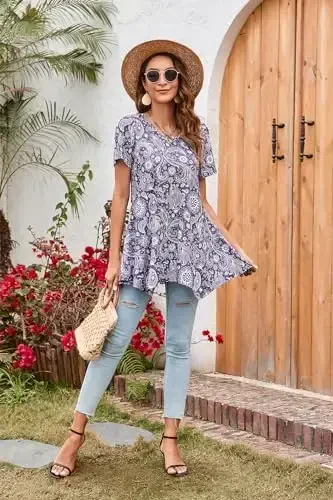 ENMAIN Ayollar uchun tunika toplari Plus Size qisqa yengli top keng bichimli nafis kundalik yozgi tunikalar legginglar bilan kiyish uchun - 6