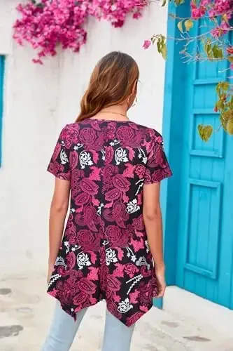 ENMAIN Ayollar uchun tunika toplari Plus Size Qisqa yengli top Keng bichimli nafis kundalik yozgi tunikalar Legginglar bilan kiyish uchun toplar - 5