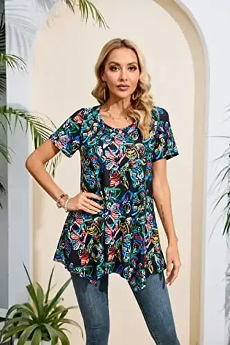 ENMAIN Ayollar uchun tunika toplari Plus Size qisqa yengli top keng bichimli zamonaviy kundalik yozgi tunikalar Leggings bilan kiyish uchun toplar - 3