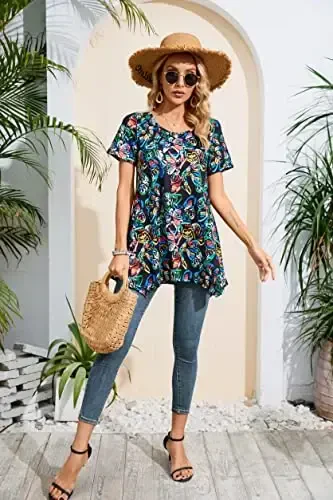 ENMAIN Ayollar uchun tunika toplari Plus Size qisqa yengli top keng bichimli zamonaviy kundalik yozgi tunikalar Leggings bilan kiyish uchun toplar - 4