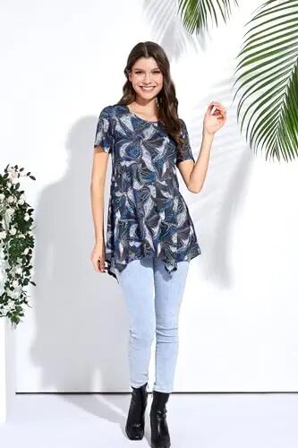 ENMAIN Ayollar uchun tunikalar Plus Size Qisqa yengli top Bo'sh Kiyimli kundalik yozgi tunikalar Leggings bilan kiyish uchun toplar - 6