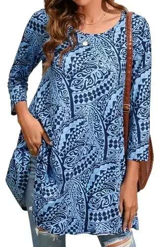 ENMAIN Ayollar ustki kiyimlari 3/4 yengli chiroyli kundalik katta o'lchamdagi tunika ustki kiyimlari Leggings bilan kiyish uchun Swing Flare futbolka keng bichimli bluzkalar 