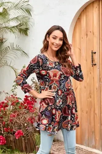 ENMAIN Ayollar ustki kiyimlari 3/4 yengli nafis kundalik katta o'lchamdagi tunika ustki kiyimlari Leggings bilan kiyish uchun Swing Flare futbolka keng bichimli bluzkalar - 3