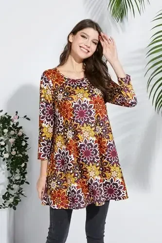 ENMAIN Ayollarining 3/4 yengli ko'ylaklari Kundalik katta o'lchamdagi tunikalar Leggings bilan kiyish uchun Swing Flare futbolka Keng bichimli bluzkalar - 2