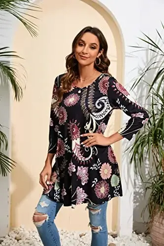 ENMAIN ayollarining toplari 3/4 yengli libosli kundalik katta o'lchamdagi tunika toplari legginglar bilan kiyish uchun Swing Flare futbolka keng bichimli bluzkalar - 3