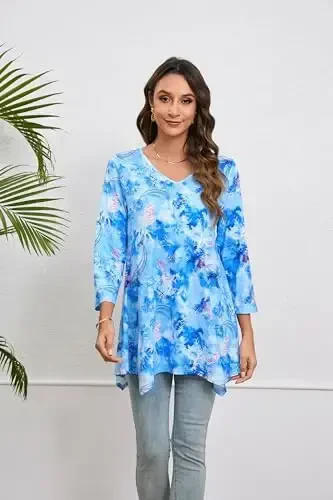 ENMAIN Womens Tunics Tops 3/4 Length Sleeve Plus Size Long Tops to Wear with Leggings Casual Loose Fit Dressy Flowy Blouses - 2