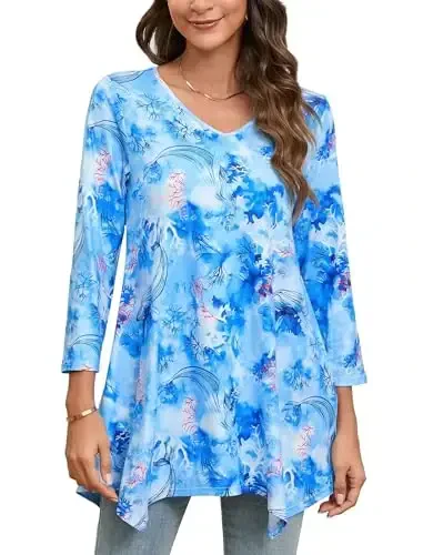 ENMAIN Womens Tunics Tops 3/4 Length Sleeve Plus Size Long Tops to Wear with Leggings Casual Loose Fit Dressy Flowy Blouses 