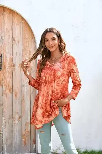 ENMAIN Womens Tunics Tops 3/4 Length Sleeve Plus Size Long Tops to Wear with Leggings Casual Loose Fit Dressy Flowy Blouses - 3