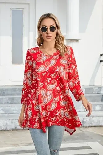 ENMAIN Womens Tunics Tops 3/4 Length Sleeve Plus Size Long Tops to Wear with Leggings Casual Loose Fit Dressy Flowy Blouses - MODAZONE (1)