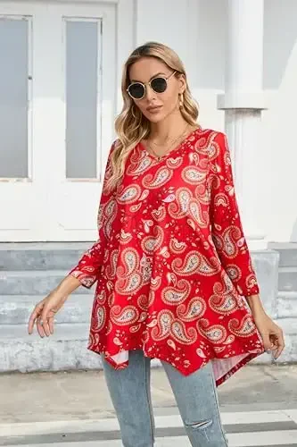 ENMAIN Womens Tunics Tops 3/4 Length Sleeve Plus Size Long Tops to Wear with Leggings Casual Loose Fit Dressy Flowy Blouses - 3