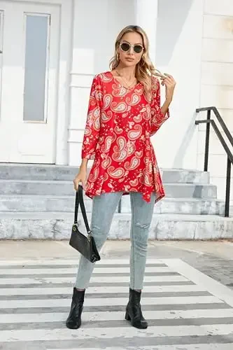 ENMAIN Womens Tunics Tops 3/4 Length Sleeve Plus Size Long Tops to Wear with Leggings Casual Loose Fit Dressy Flowy Blouses - 4