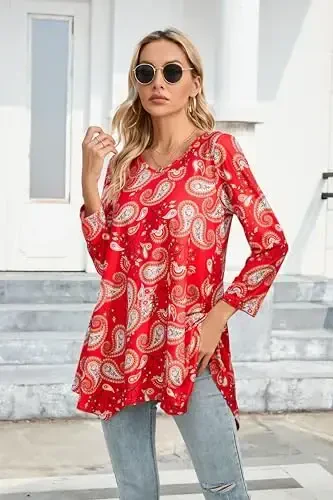 ENMAIN Womens Tunics Tops 3/4 Length Sleeve Plus Size Long Tops to Wear with Leggings Casual Loose Fit Dressy Flowy Blouses - 6