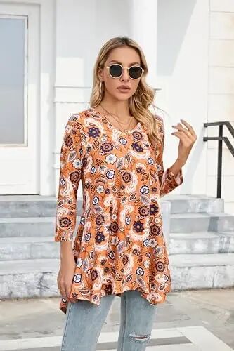 ENMAIN Womens Tunics Tops 3/4 Length Sleeve Plus Size Long Tops to Wear with Leggings Casual Loose Fit Dressy Flowy Blouses - MODAZONE (1)