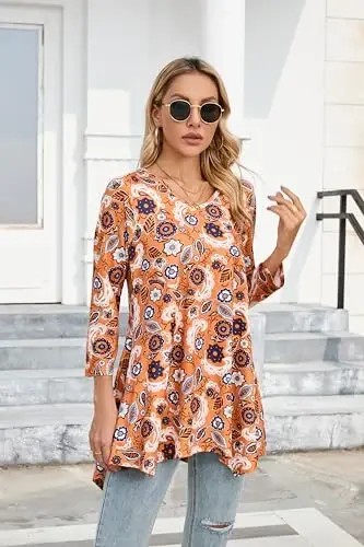 ENMAIN Womens Tunics Tops 3/4 Length Sleeve Plus Size Long Tops to Wear with Leggings Casual Loose Fit Dressy Flowy Blouses - 2