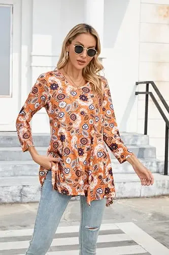 ENMAIN Womens Tunics Tops 3/4 Length Sleeve Plus Size Long Tops to Wear with Leggings Casual Loose Fit Dressy Flowy Blouses - 3
