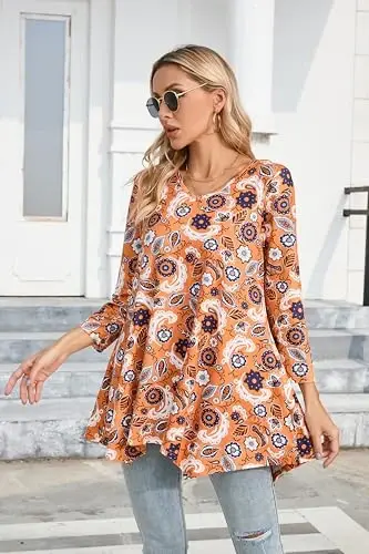 ENMAIN Womens Tunics Tops 3/4 Length Sleeve Plus Size Long Tops to Wear with Leggings Casual Loose Fit Dressy Flowy Blouses - 4