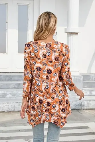 ENMAIN Womens Tunics Tops 3/4 Length Sleeve Plus Size Long Tops to Wear with Leggings Casual Loose Fit Dressy Flowy Blouses - 5
