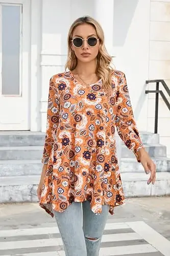 ENMAIN Womens Tunics Tops 3/4 Length Sleeve Plus Size Long Tops to Wear with Leggings Casual Loose Fit Dressy Flowy Blouses - 6