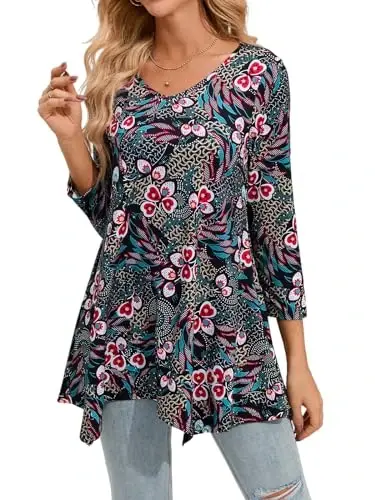 ENMAIN Womens Tunics Tops 3/4 Length Sleeve Plus Size Long Tops to Wear with Leggings Casual Loose Fit Dressy Flowy Blouses 