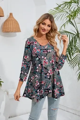 ENMAIN Womens Tunics Tops 3/4 Length Sleeve Plus Size Long Tops to Wear with Leggings Casual Loose Fit Dressy Flowy Blouses - MODAZONE (1)