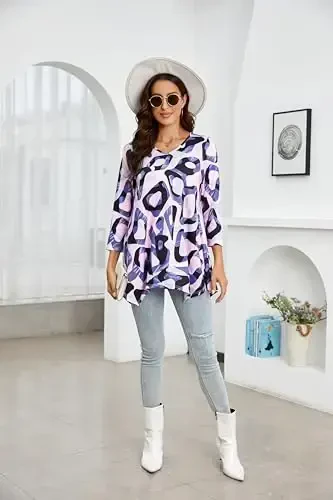 ENMAIN Womens Tunics Tops 3/4 Length Sleeve Plus Size Long Tops to Wear with Leggings Casual Loose Fit Dressy Flowy Blouses - 2