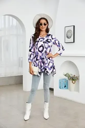 ENMAIN Womens Tunics Tops 3/4 Length Sleeve Plus Size Long Tops to Wear with Leggings Casual Loose Fit Dressy Flowy Blouses - 3
