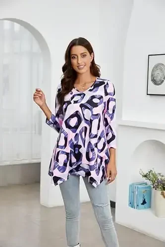 ENMAIN Womens Tunics Tops 3/4 Length Sleeve Plus Size Long Tops to Wear with Leggings Casual Loose Fit Dressy Flowy Blouses - 4