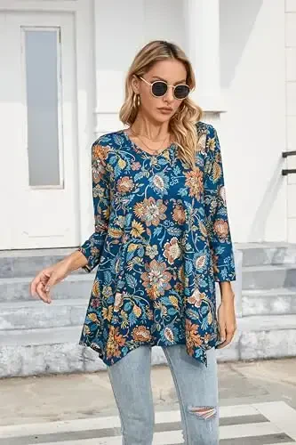 ENMAIN Womens Tunics Tops 3/4 Length Sleeve Plus Size Long Tops to Wear with Leggings Casual Loose Fit Dressy Flowy Blouses - 7