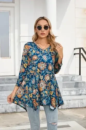 ENMAIN Womens Tunics Tops 3/4 Length Sleeve Plus Size Long Tops to Wear with Leggings Casual Loose Fit Dressy Flowy Blouses - 6
