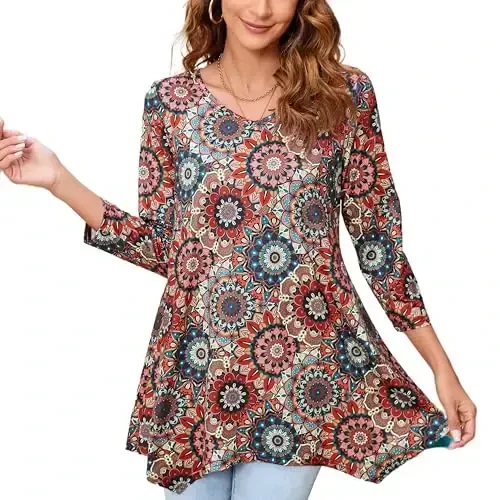 ENMAIN Womens Tunics Tops 3/4 Length Sleeve Plus Size Long Tops to Wear with Leggings Casual Loose Fit Dressy Flowy Blouses - MODAZONE