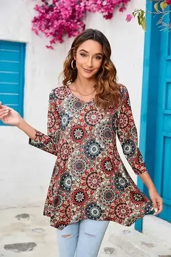 ENMAIN Womens Tunics Tops 3/4 Length Sleeve Plus Size Long Tops to Wear with Leggings Casual Loose Fit Dressy Flowy Blouses - MODAZONE (1)