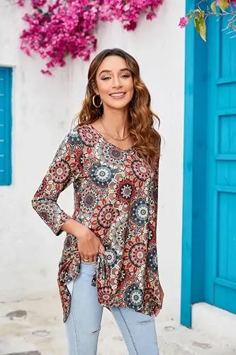 ENMAIN Womens Tunics Tops 3/4 Length Sleeve Plus Size Long Tops to Wear with Leggings Casual Loose Fit Dressy Flowy Blouses - 4