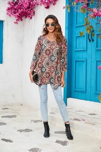 ENMAIN Womens Tunics Tops 3/4 Length Sleeve Plus Size Long Tops to Wear with Leggings Casual Loose Fit Dressy Flowy Blouses - 7