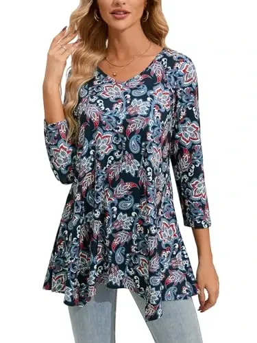 ENMAIN Womens Tunics Tops 3/4 Length Sleeve Plus Size Long Tops to Wear with Leggings Casual Loose Fit Dressy Flowy Blouses - MODAZONE